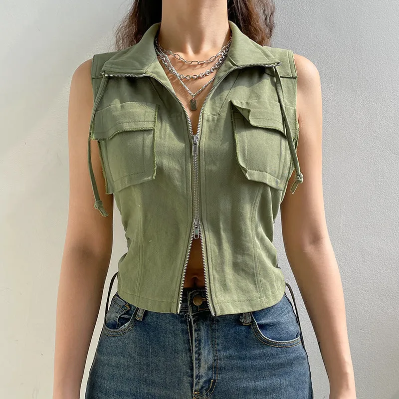 2 way zipper slim fit cargo jacket streetwear drawstring pleated pocket sleeveless shirt