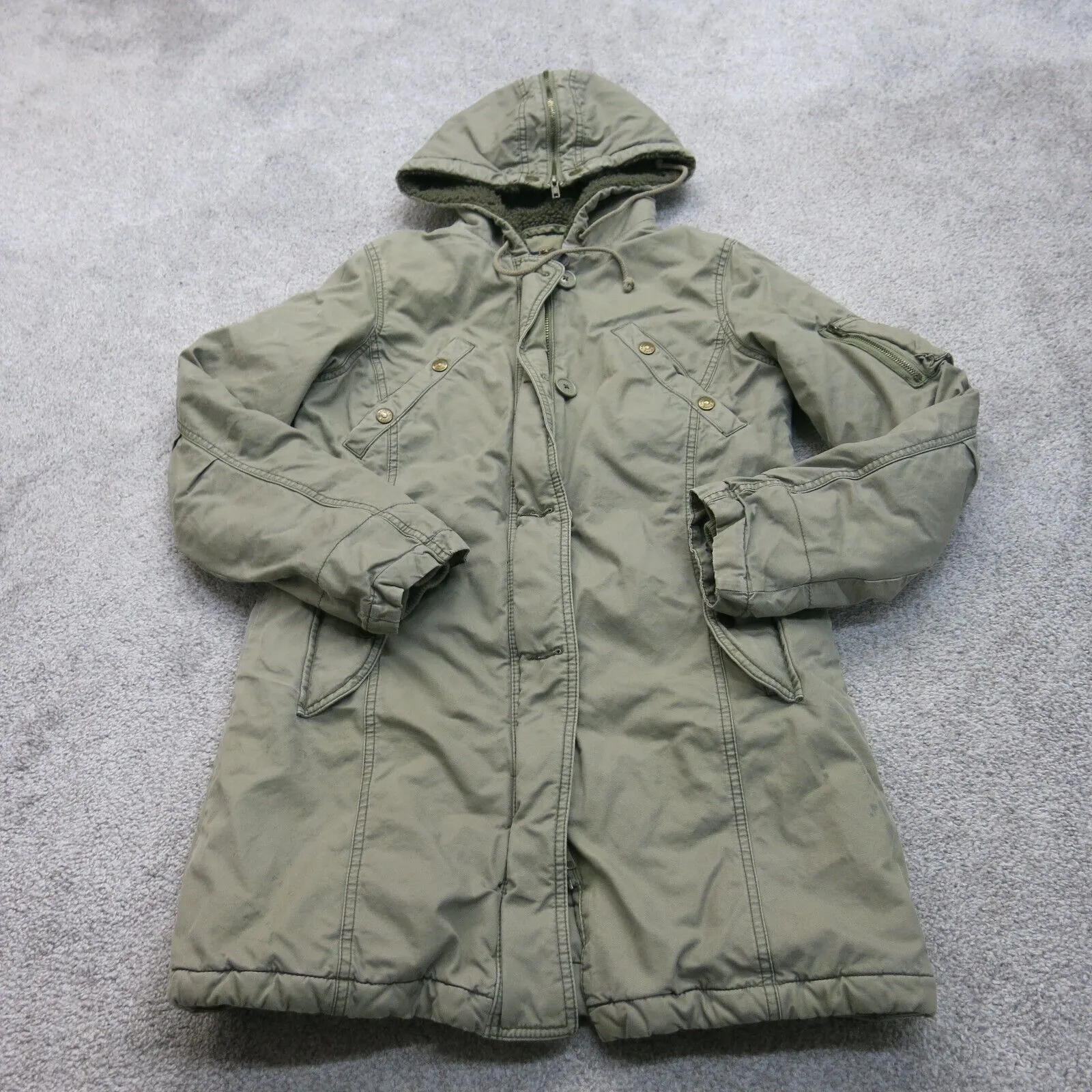 American Eagle Womens Insulated Sherpa Faux Fur Coat Jacket Clay Green SZ Small
