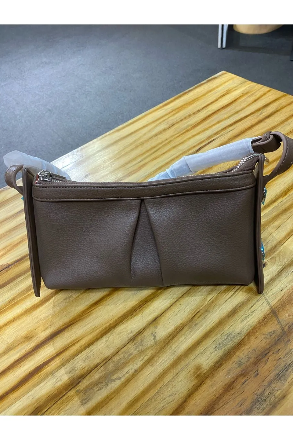 Brown Leather Crossbody Bag with Pleated Front