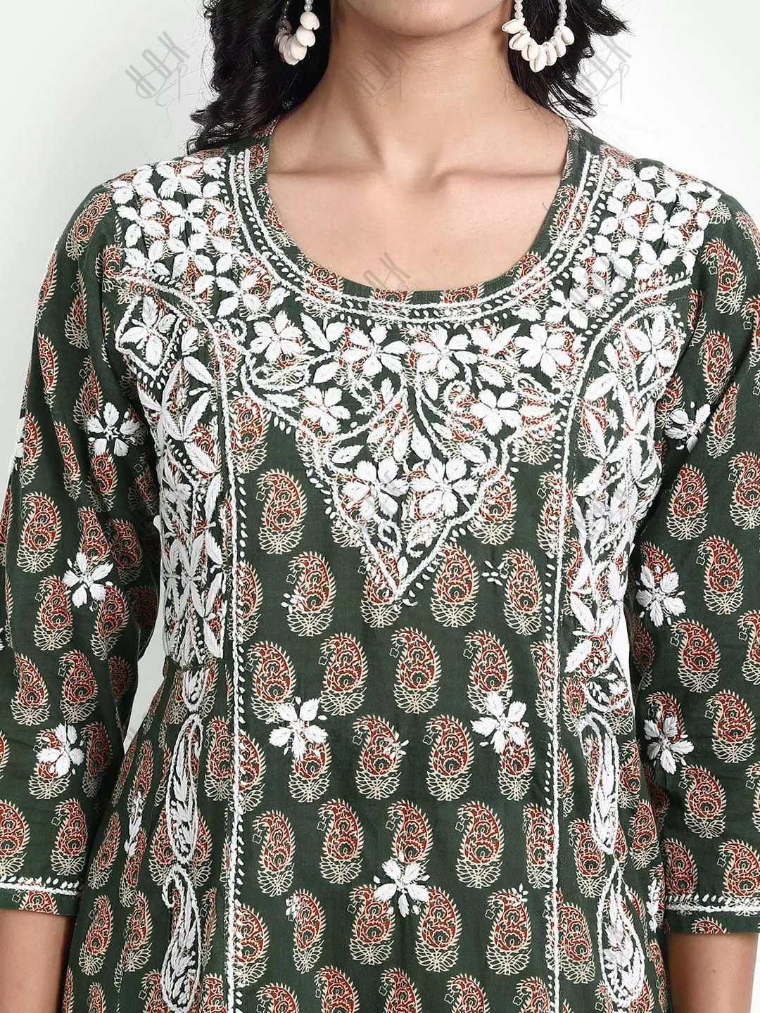 Diya in Chikankari Hand Embroidery Round Neck Dress in Cotton Brown