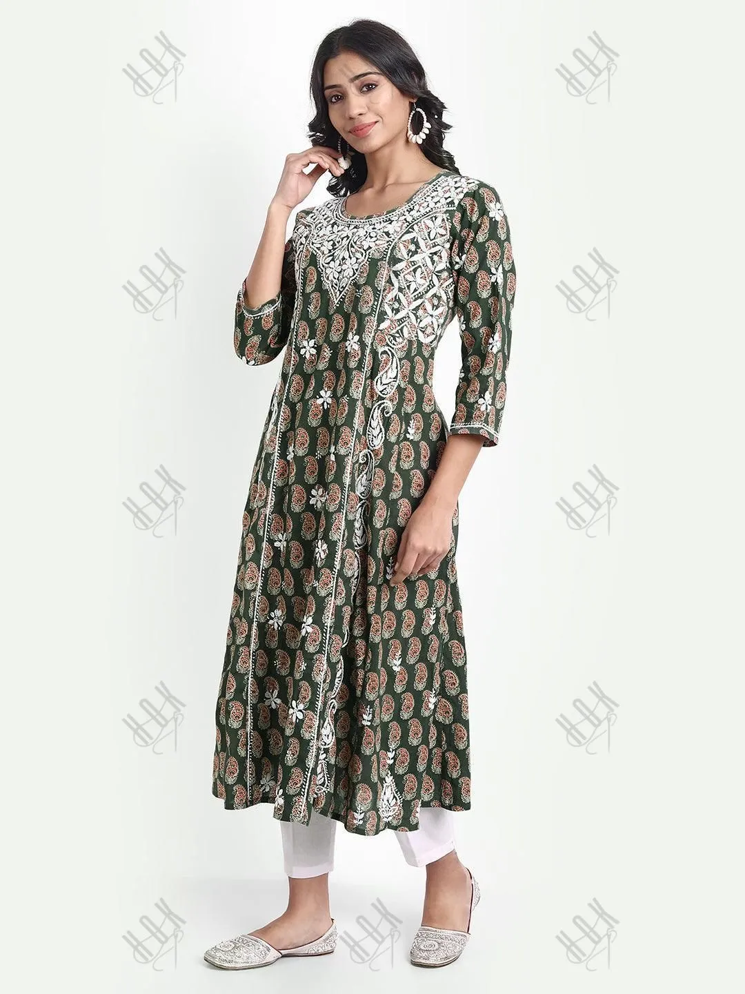 Diya in Chikankari Hand Embroidery Round Neck Dress in Cotton Brown