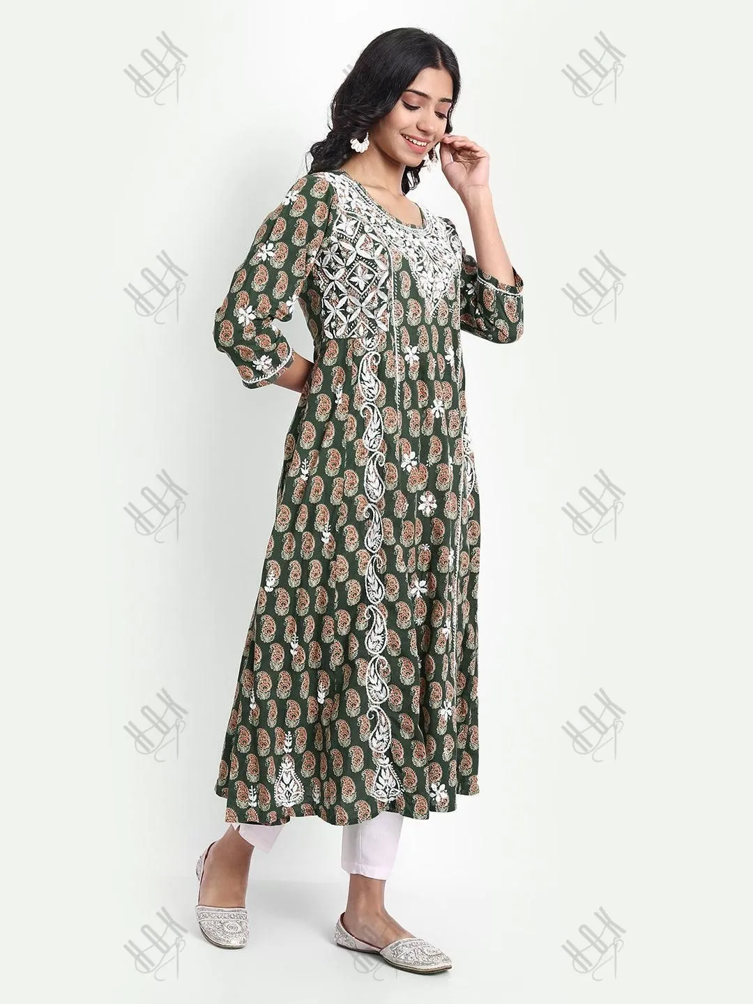 Diya in Chikankari Hand Embroidery Round Neck Dress in Cotton Brown