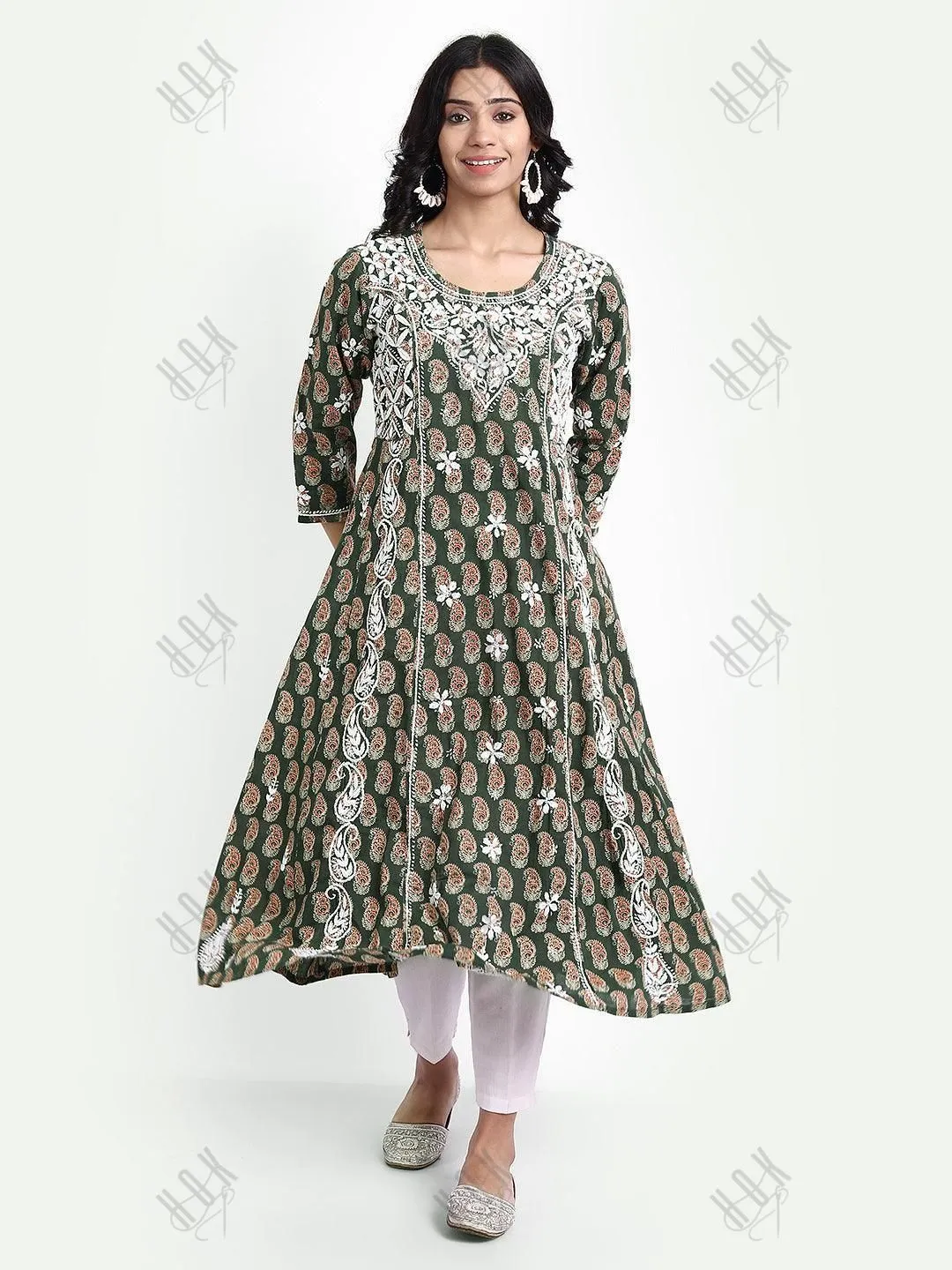 Diya in Chikankari Hand Embroidery Round Neck Dress in Cotton Brown
