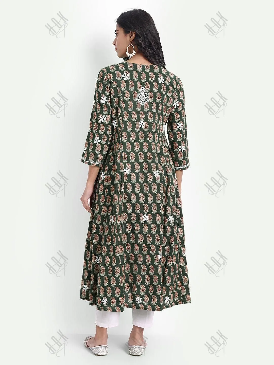 Diya in Chikankari Hand Embroidery Round Neck Dress in Cotton Brown