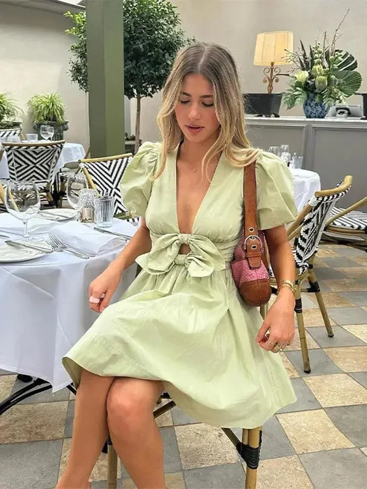 Dual Bow Knot Plunging Neck Pleated Skirts Puff Sleeves Mini Dress