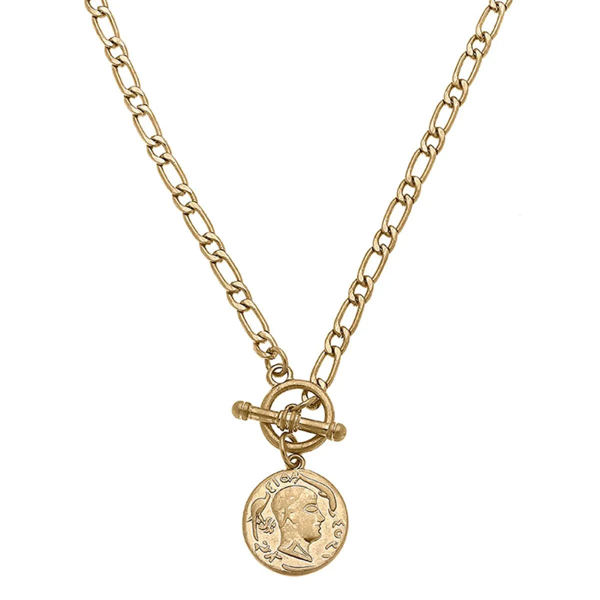 Ezra Coin T-Bar Necklace in Worn Gold