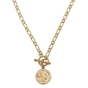 Ezra Coin T-Bar Necklace in Worn Gold