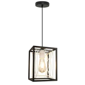 Farmhouse Pendant Light, Adjustable Hanging Light Fixtures with Metal Rectangle Cage, 1-Light Lantern Chandelier for Kitchen Island Dining Room Hallway Entryway, Black and White, E26 Base