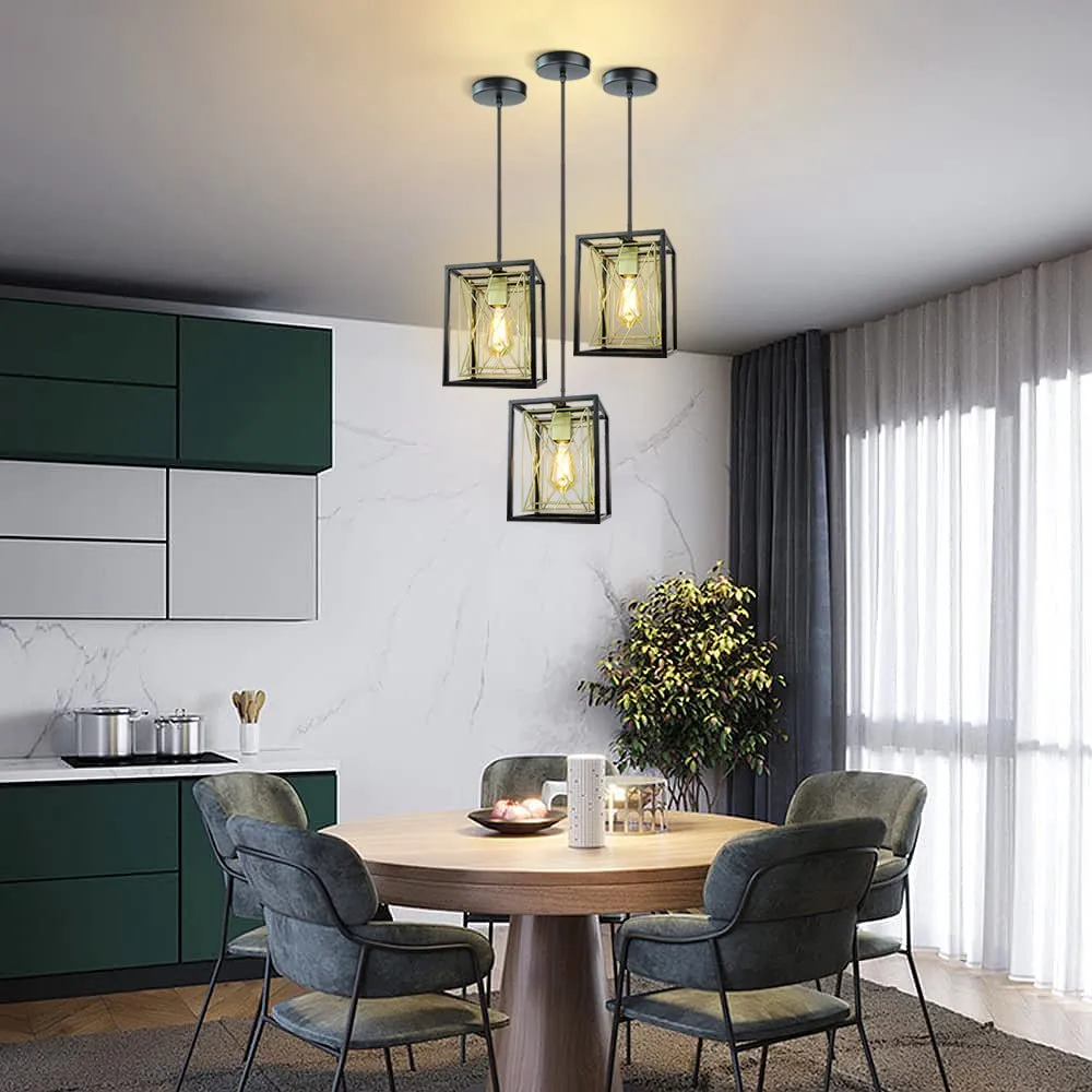 Farmhouse Pendant Light, Adjustable Hanging Light Fixtures with Metal Rectangle Cage, 1-Light Lantern Chandelier for Kitchen Island Dining Room Hallway Entryway, Black and White, E26 Base