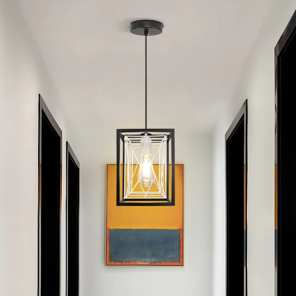 Farmhouse Pendant Light, Adjustable Hanging Light Fixtures with Metal Rectangle Cage, 1-Light Lantern Chandelier for Kitchen Island Dining Room Hallway Entryway, Black and White, E26 Base