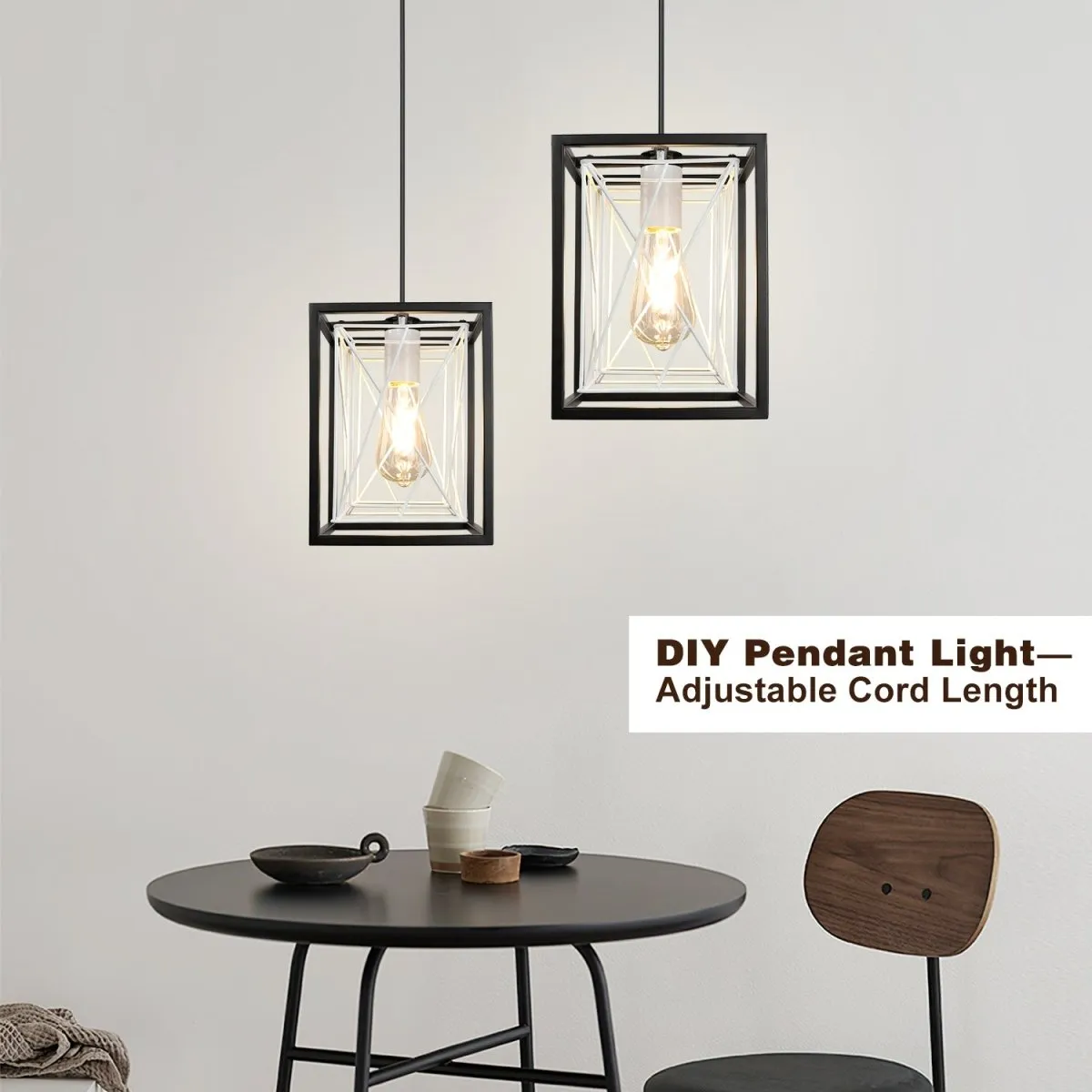 Farmhouse Pendant Light, Adjustable Hanging Light Fixtures with Metal Rectangle Cage, 1-Light Lantern Chandelier for Kitchen Island Dining Room Hallway Entryway, Black and White, E26 Base
