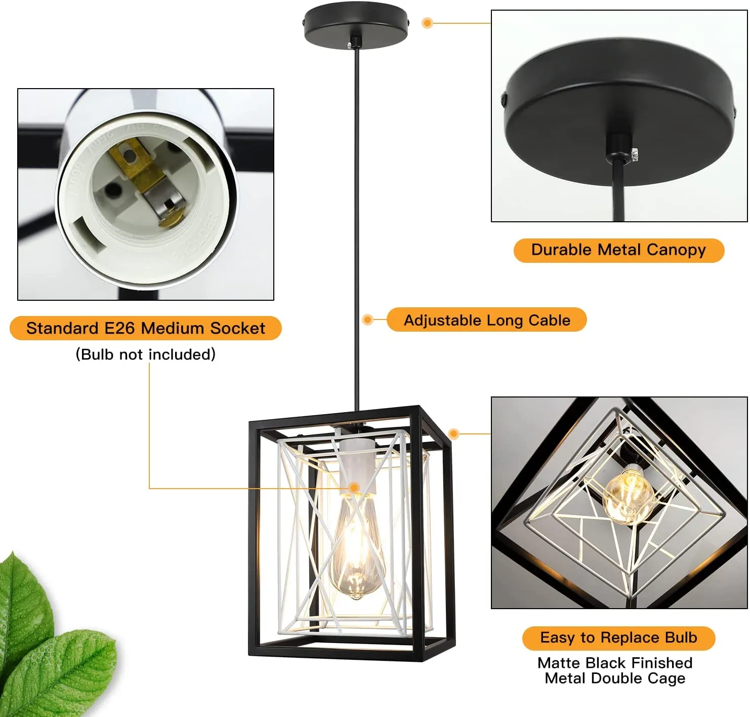 Farmhouse Pendant Light, Adjustable Hanging Light Fixtures with Metal Rectangle Cage, 1-Light Lantern Chandelier for Kitchen Island Dining Room Hallway Entryway, Black and White, E26 Base