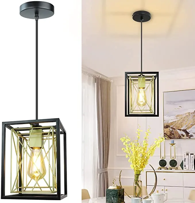 Farmhouse Pendant Light, Adjustable Hanging Light Fixtures with Metal Rectangle Cage, 1-Light Lantern Chandelier for Kitchen Island Dining Room Hallway Entryway, Black and White, E26 Base