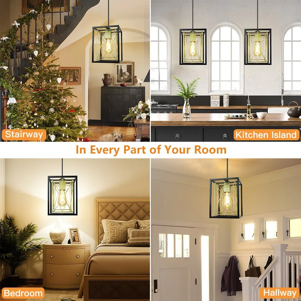 Farmhouse Pendant Light, Adjustable Hanging Light Fixtures with Metal Rectangle Cage, 1-Light Lantern Chandelier for Kitchen Island Dining Room Hallway Entryway, Black and White, E26 Base