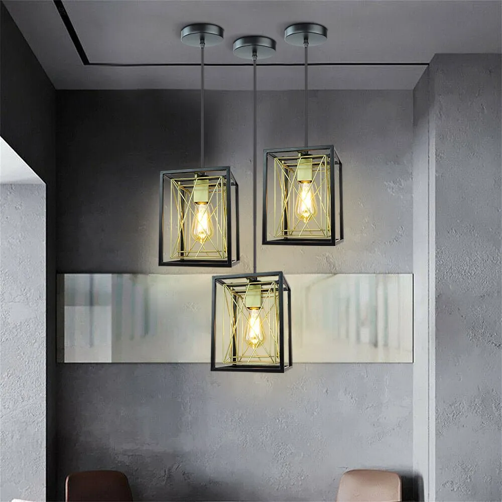 Farmhouse Pendant Light, Adjustable Hanging Light Fixtures with Metal Rectangle Cage, 1-Light Lantern Chandelier for Kitchen Island Dining Room Hallway Entryway, Black and White, E26 Base