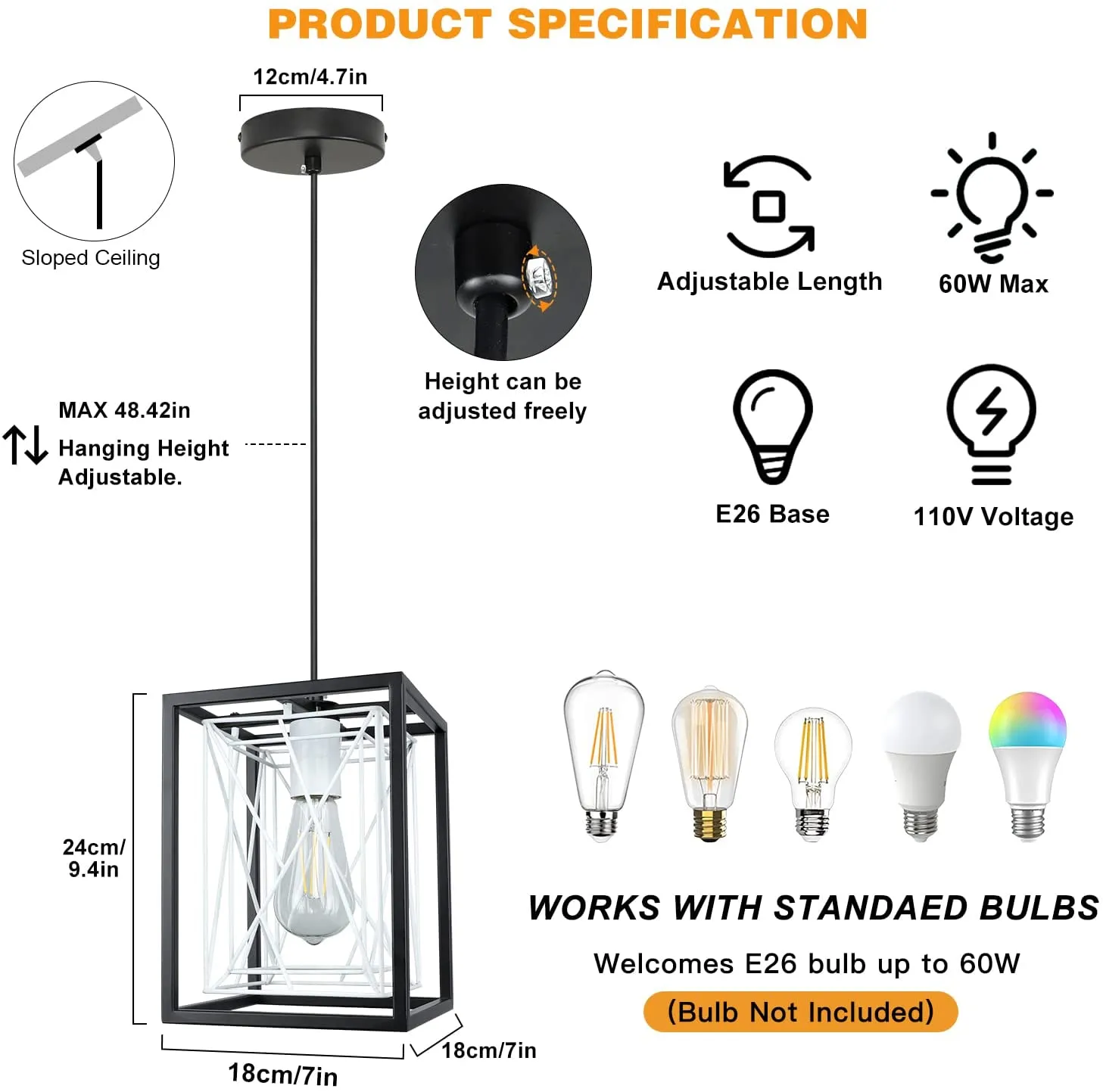 Farmhouse Pendant Light, Adjustable Hanging Light Fixtures with Metal Rectangle Cage, 1-Light Lantern Chandelier for Kitchen Island Dining Room Hallway Entryway, Black and White, E26 Base