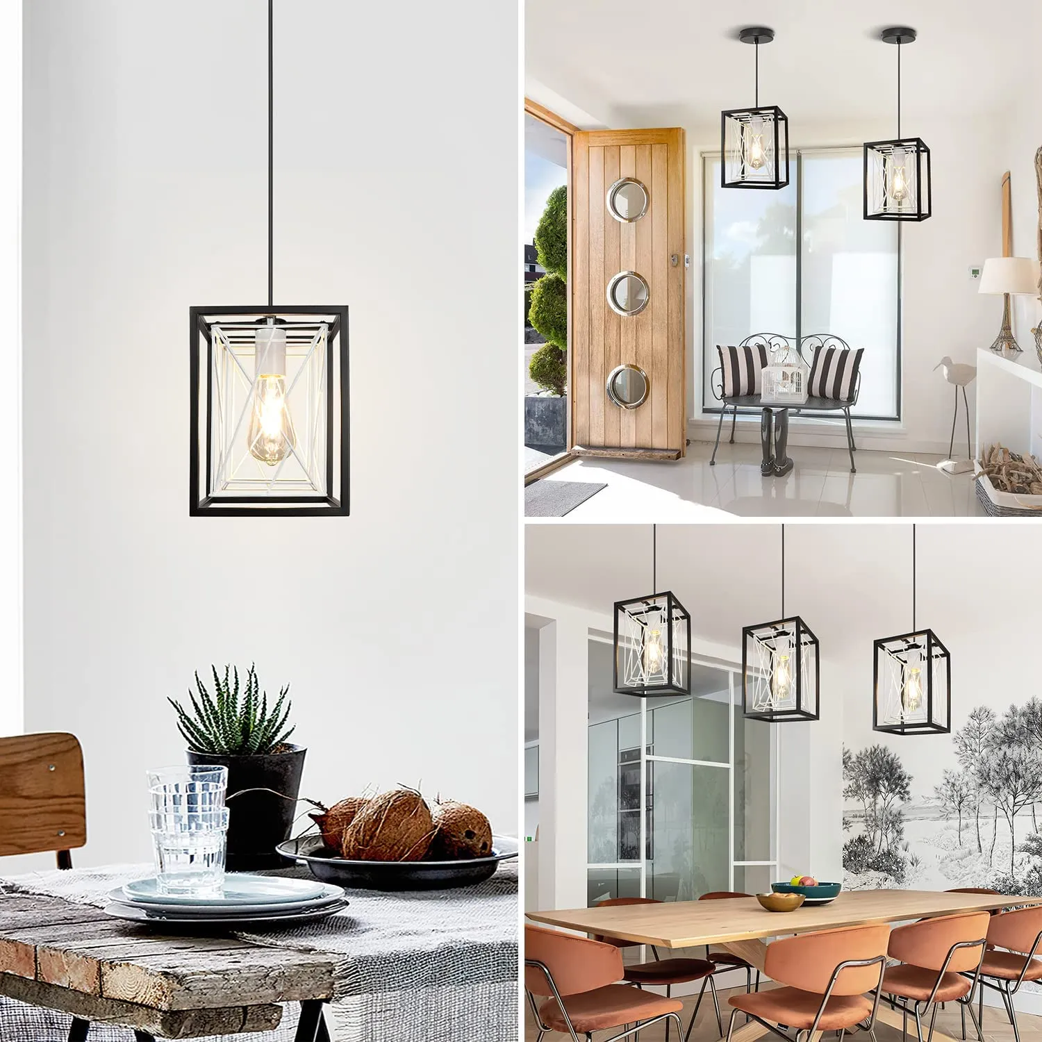 Farmhouse Pendant Light, Adjustable Hanging Light Fixtures with Metal Rectangle Cage, 1-Light Lantern Chandelier for Kitchen Island Dining Room Hallway Entryway, Black and White, E26 Base