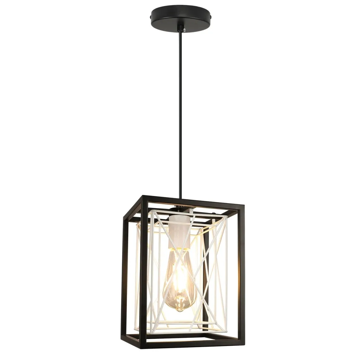 Farmhouse Pendant Light, Adjustable Hanging Light Fixtures with Metal Rectangle Cage, 1-Light Lantern Chandelier for Kitchen Island Dining Room Hallway Entryway, Black and White, E26 Base
