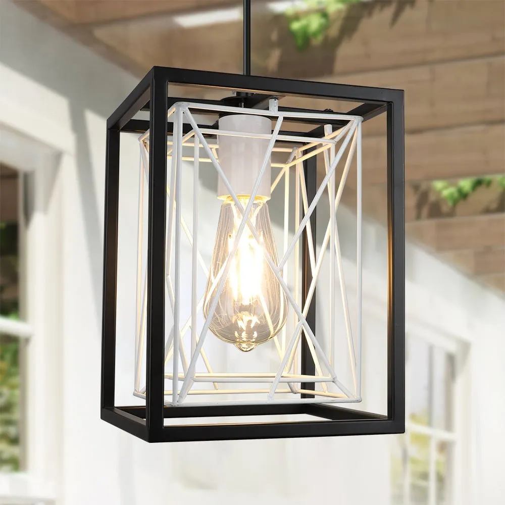 Farmhouse Pendant Light, Adjustable Hanging Light Fixtures with Metal Rectangle Cage, 1-Light Lantern Chandelier for Kitchen Island Dining Room Hallway Entryway, Black and White, E26 Base