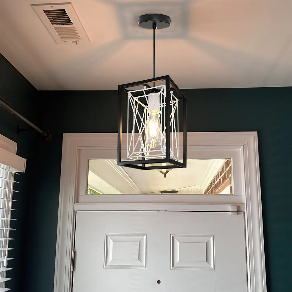 Farmhouse Pendant Light, Adjustable Hanging Light Fixtures with Metal Rectangle Cage, 1-Light Lantern Chandelier for Kitchen Island Dining Room Hallway Entryway, Black and White, E26 Base