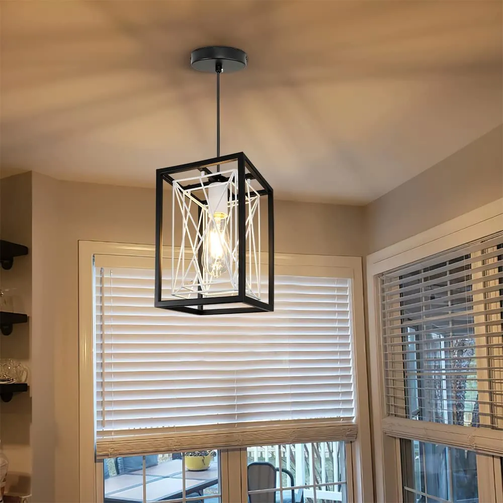 Farmhouse Pendant Light, Adjustable Hanging Light Fixtures with Metal Rectangle Cage, 1-Light Lantern Chandelier for Kitchen Island Dining Room Hallway Entryway, Black and White, E26 Base