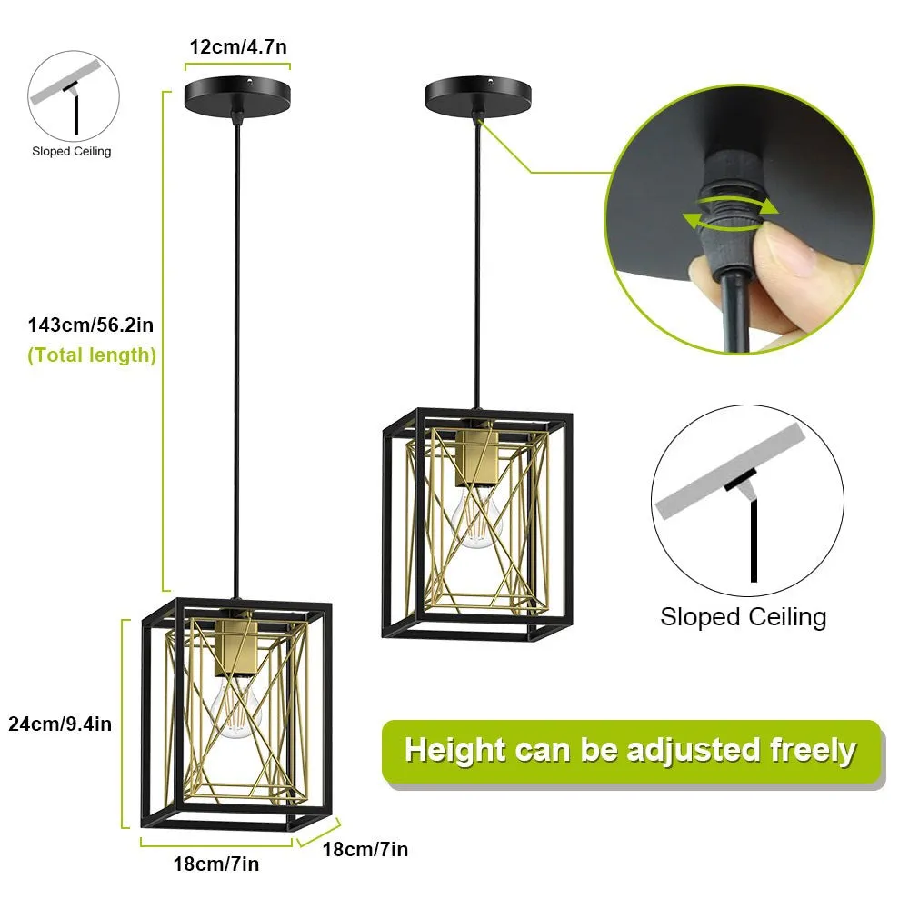 Farmhouse Pendant Light, Adjustable Hanging Light Fixtures with Metal Rectangle Cage, 1-Light Lantern Chandelier for Kitchen Island Dining Room Hallway Entryway, Black and White, E26 Base