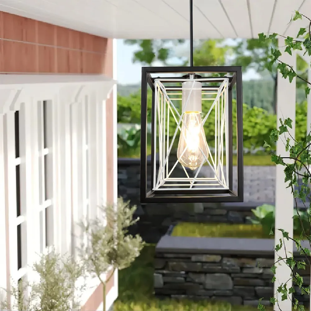 Farmhouse Pendant Light, Adjustable Hanging Light Fixtures with Metal Rectangle Cage, 1-Light Lantern Chandelier for Kitchen Island Dining Room Hallway Entryway, Black and White, E26 Base