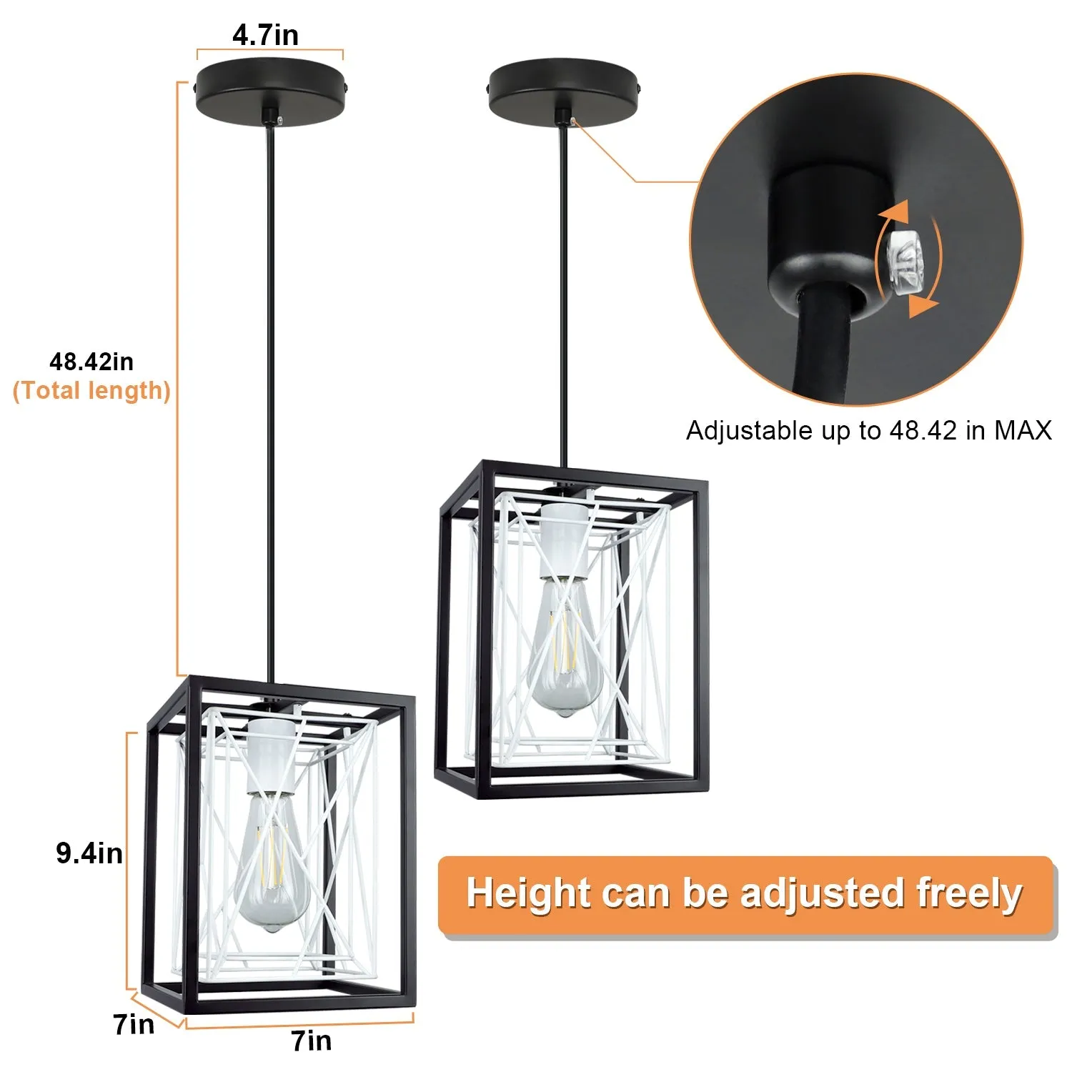 Farmhouse Pendant Light, Adjustable Hanging Light Fixtures with Metal Rectangle Cage, 1-Light Lantern Chandelier for Kitchen Island Dining Room Hallway Entryway, Black and White, E26 Base
