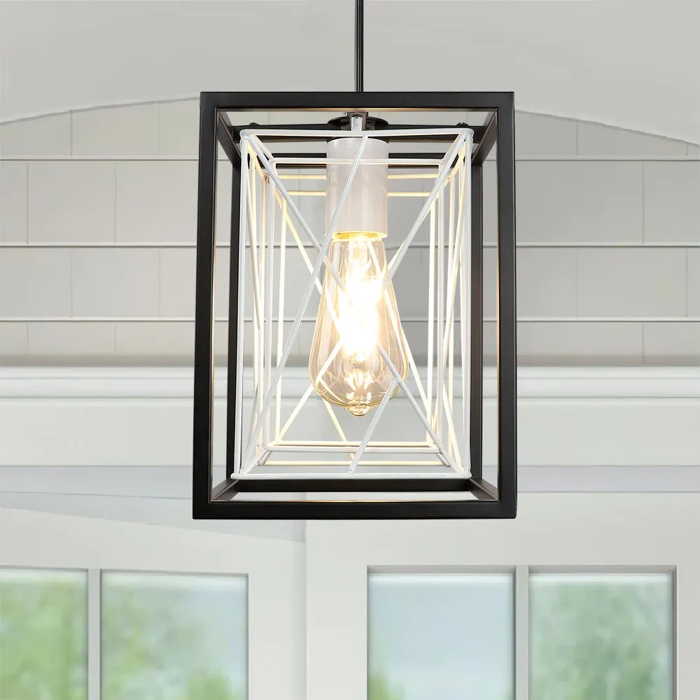 Farmhouse Pendant Light, Adjustable Hanging Light Fixtures with Metal Rectangle Cage, 1-Light Lantern Chandelier for Kitchen Island Dining Room Hallway Entryway, Black and White, E26 Base