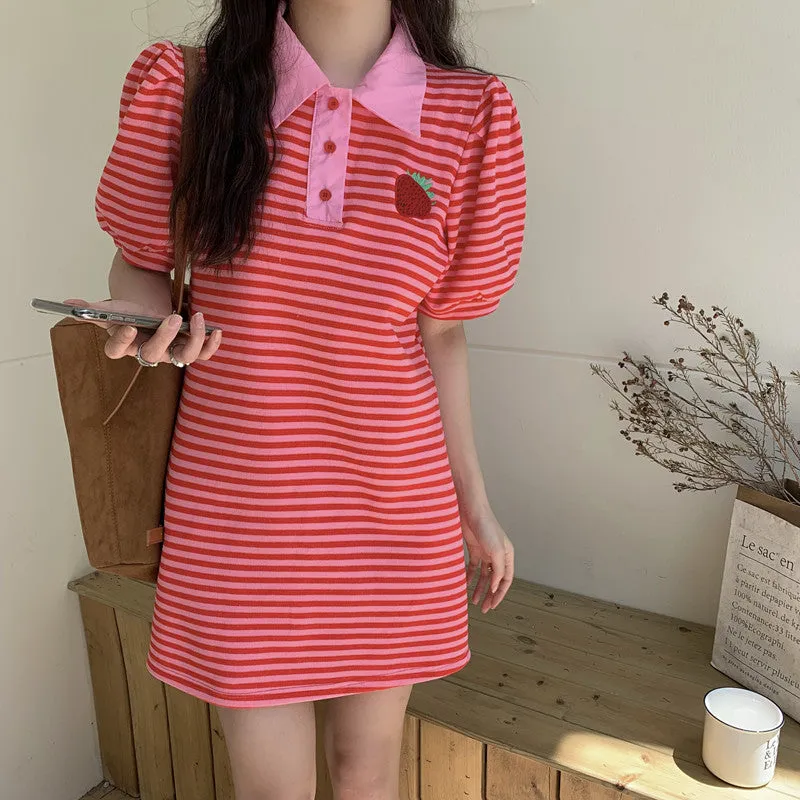 French polo collar embroidery strawberry women dress stripes striking color short sleeves skirt
