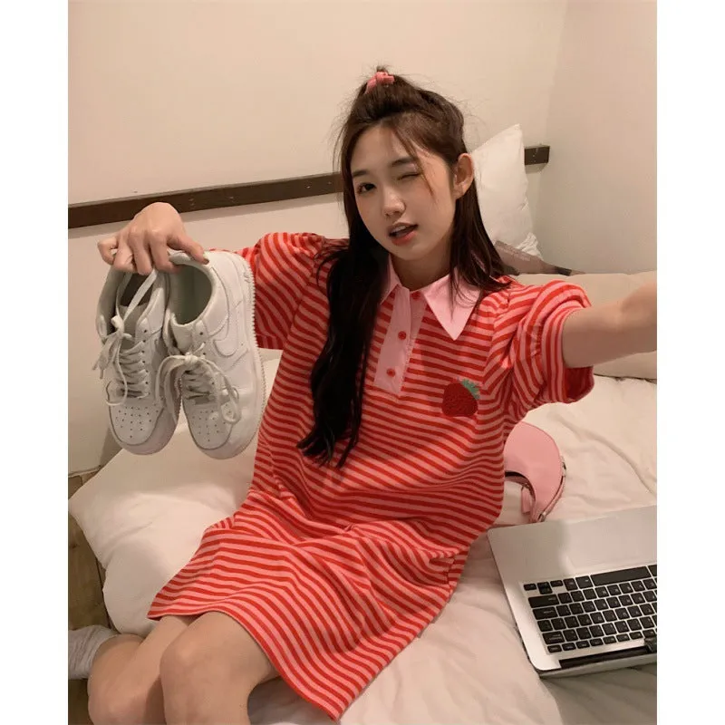 French polo collar embroidery strawberry women dress stripes striking color short sleeves skirt