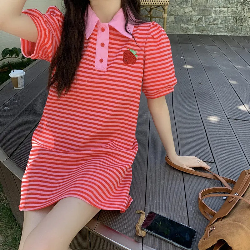 French polo collar embroidery strawberry women dress stripes striking color short sleeves skirt