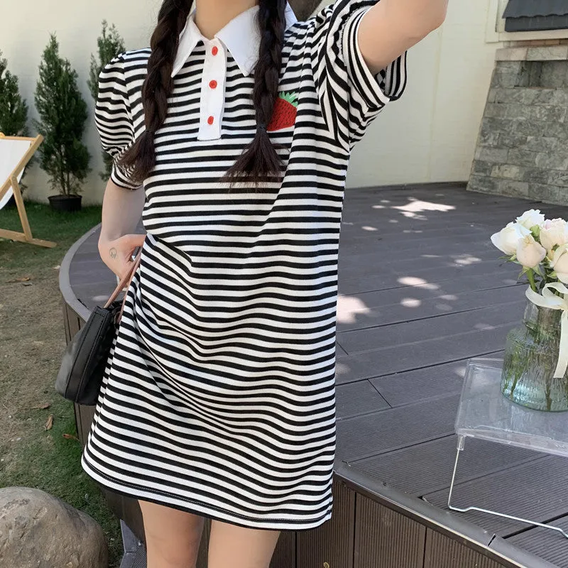 French polo collar embroidery strawberry women dress stripes striking color short sleeves skirt