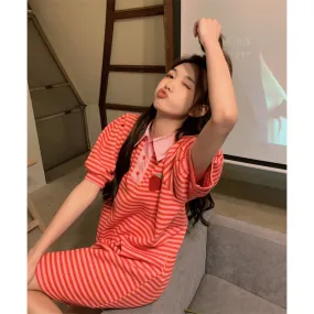 French polo collar embroidery strawberry women dress stripes striking color short sleeves skirt