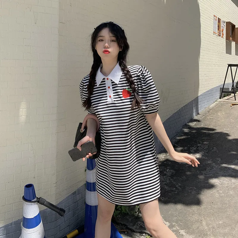 French polo collar embroidery strawberry women dress stripes striking color short sleeves skirt