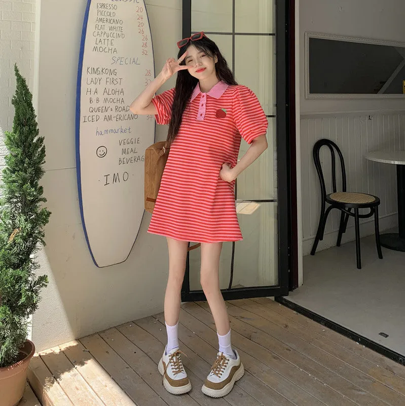 French polo collar embroidery strawberry women dress stripes striking color short sleeves skirt