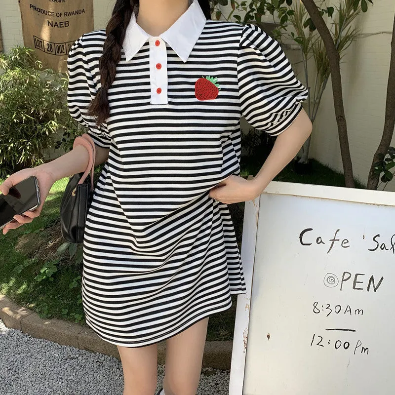 French polo collar embroidery strawberry women dress stripes striking color short sleeves skirt