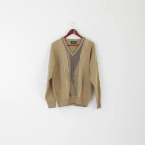 Gabicci Men M Jumper Beige Wool Acrylic Blend V Neck Retro Classic Sweater