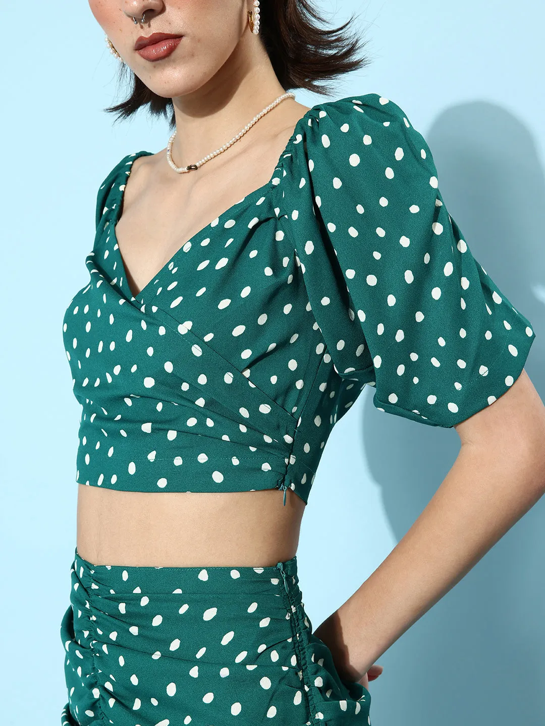 Green Polyester Pleated Polka Top & Skirt Set