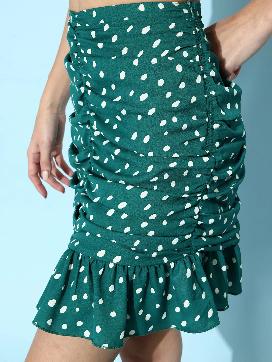 Green Polyester Pleated Polka Top & Skirt Set