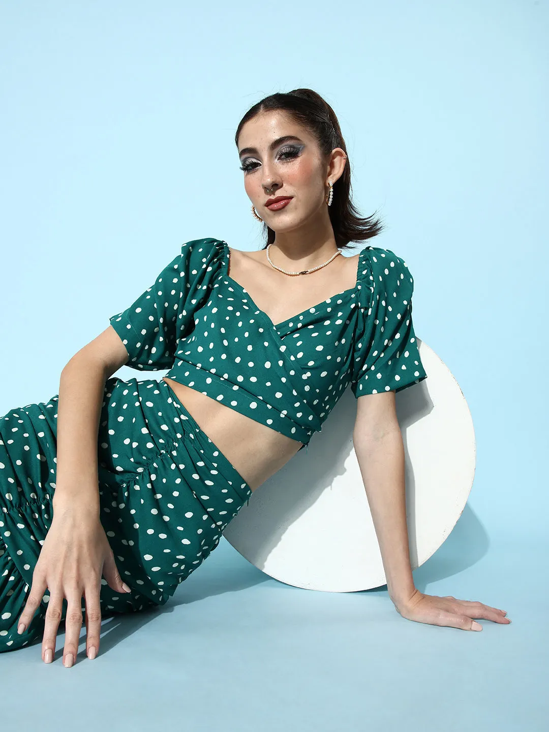 Green Polyester Pleated Polka Top & Skirt Set