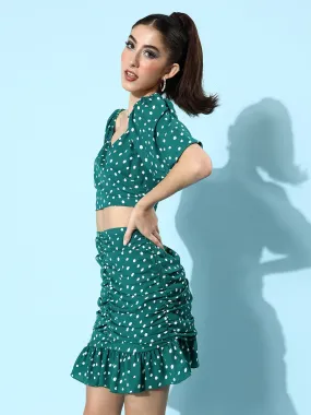 Green Polyester Pleated Polka Top & Skirt Set