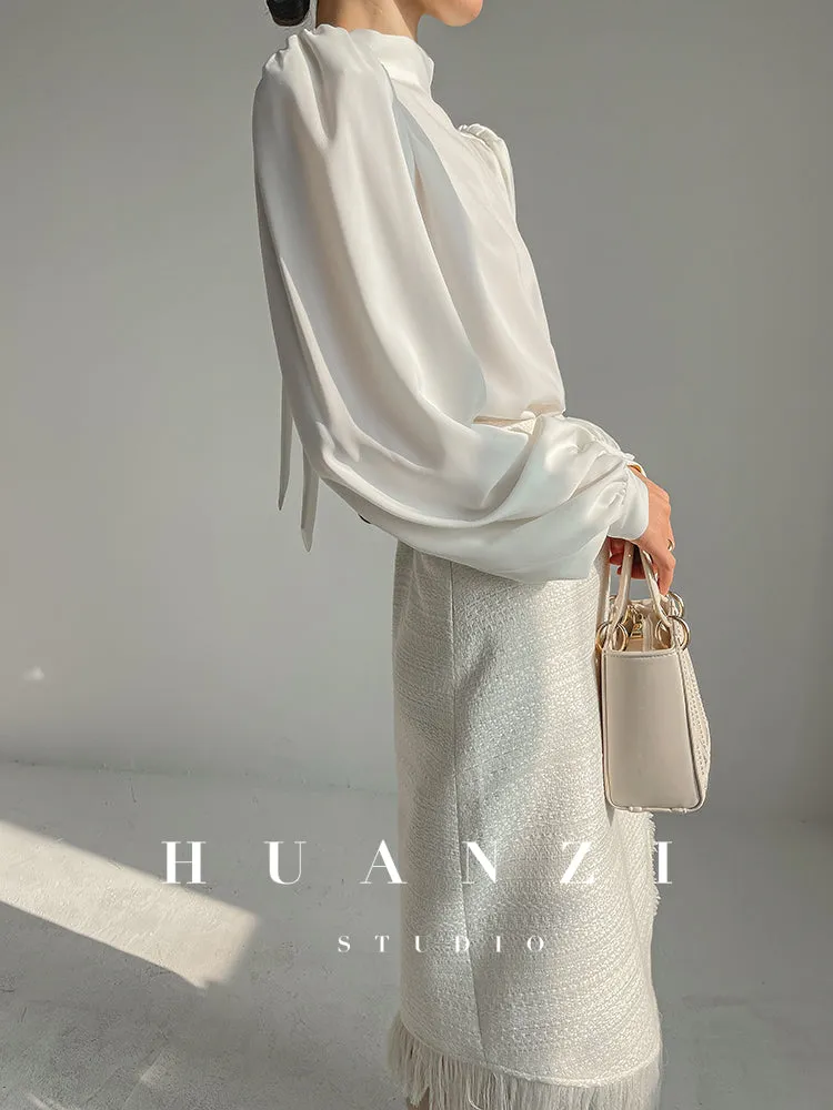 Huanzi new puff sleeves silk satin shirts top blouse - Oitr green