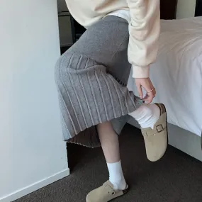 [Korean Style] High Waist Solid Color Pleated Knit Skirt