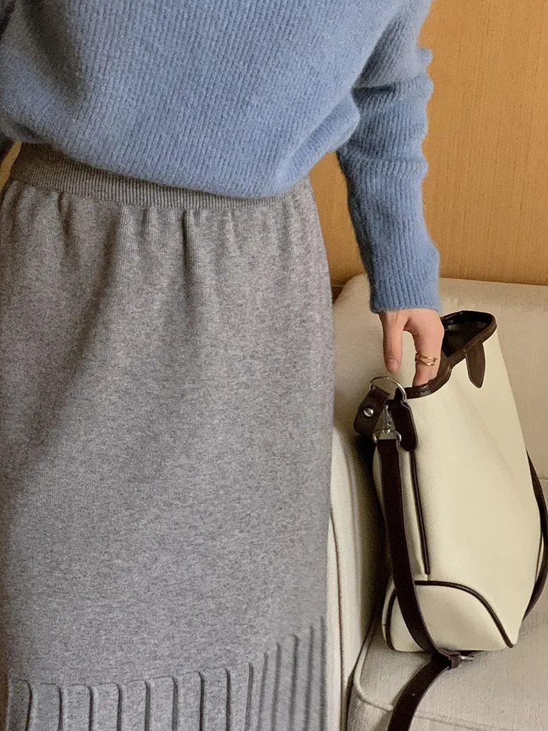 [Korean Style] High Waist Solid Color Pleated Knit Skirt