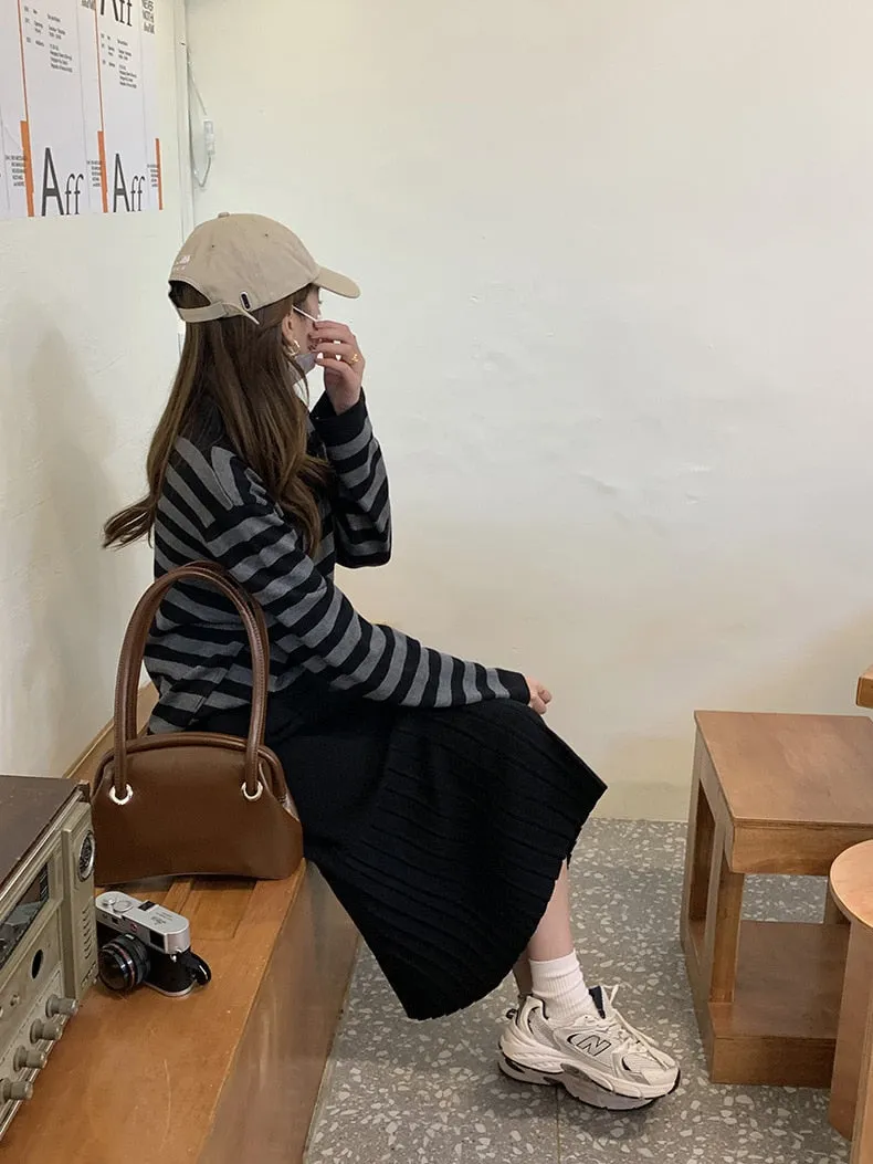 [Korean Style] High Waist Solid Color Pleated Knit Skirt