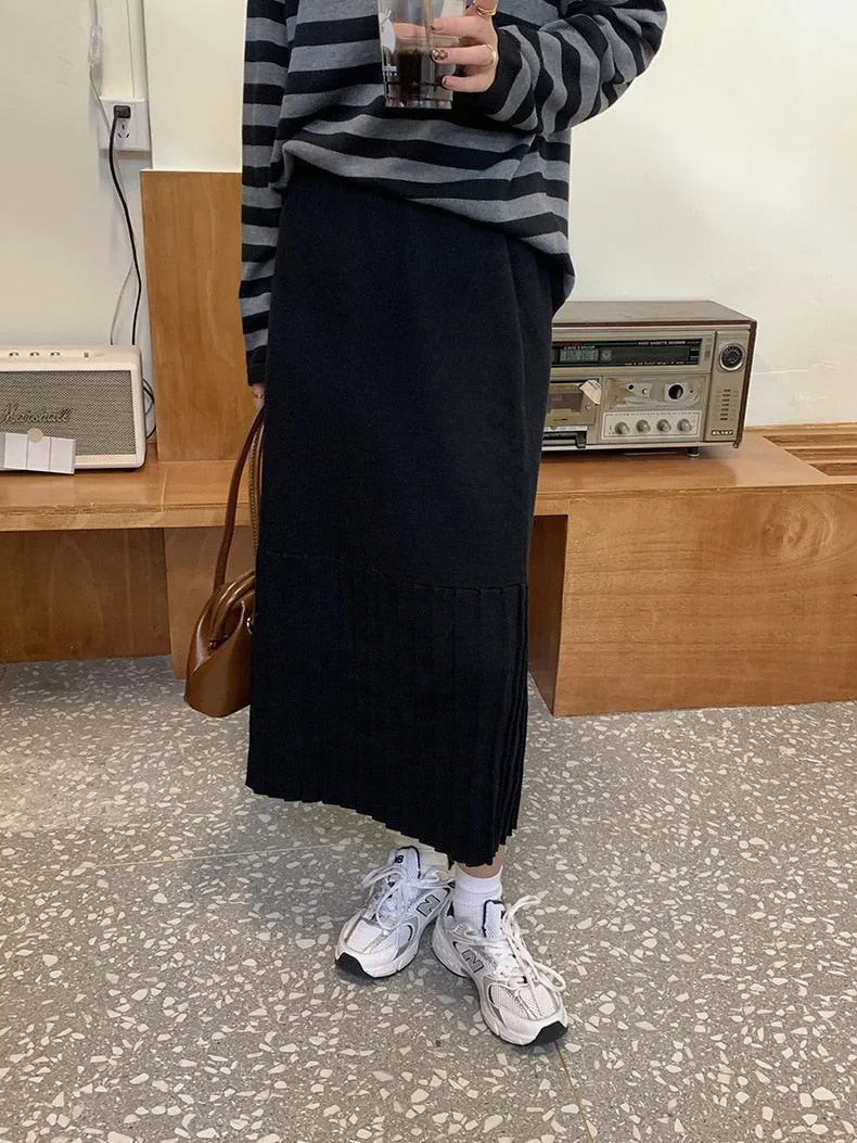 [Korean Style] High Waist Solid Color Pleated Knit Skirt