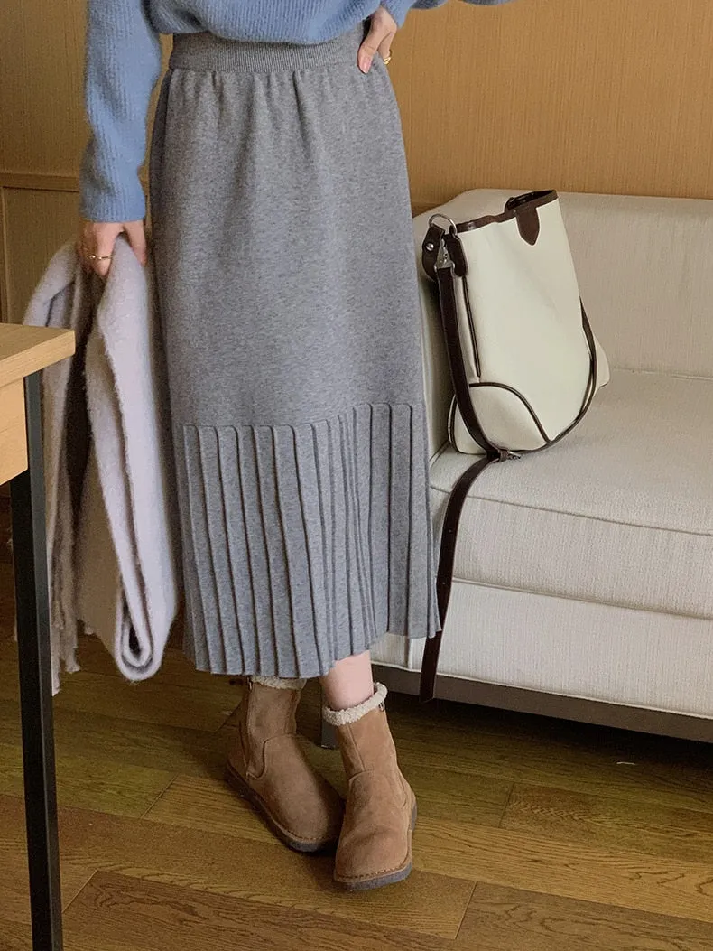 [Korean Style] High Waist Solid Color Pleated Knit Skirt