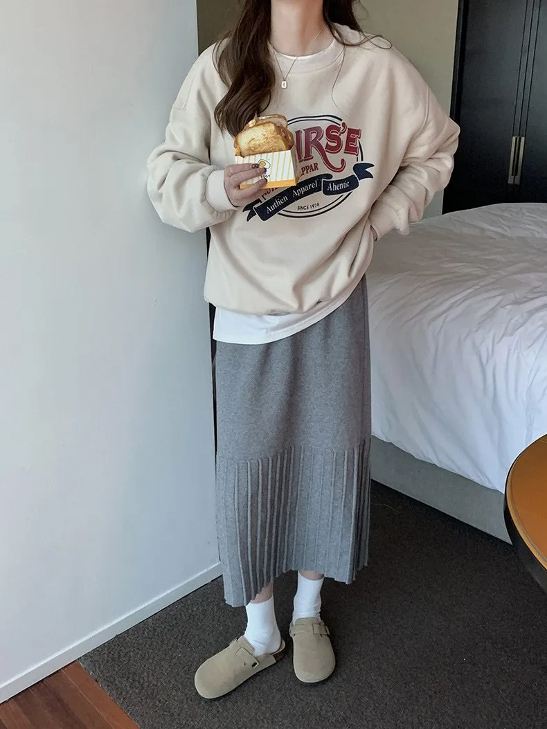 [Korean Style] High Waist Solid Color Pleated Knit Skirt