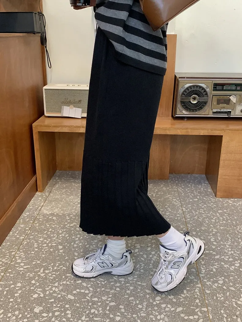 [Korean Style] High Waist Solid Color Pleated Knit Skirt
